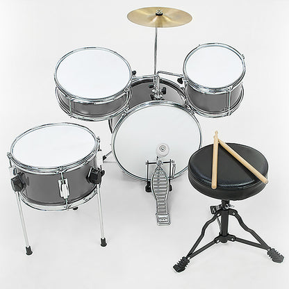 Karrera Mini 4-Piece Children Drum Kit Set Wooden with 2 Toms Bass Pedal Snare Stool Metallic Silver