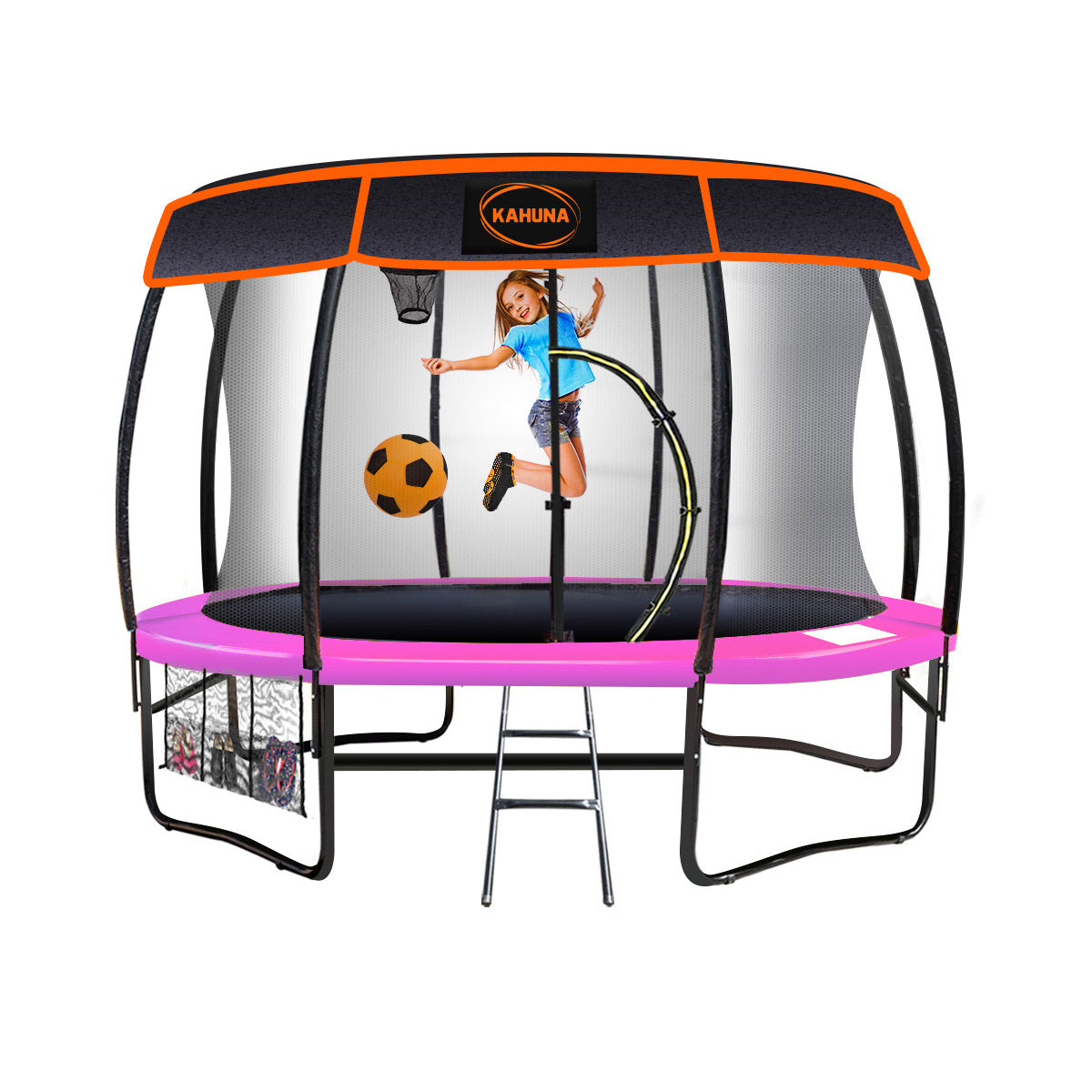 Kahuna Trampoline 8 ft with Basketball Set and Roof - Pink