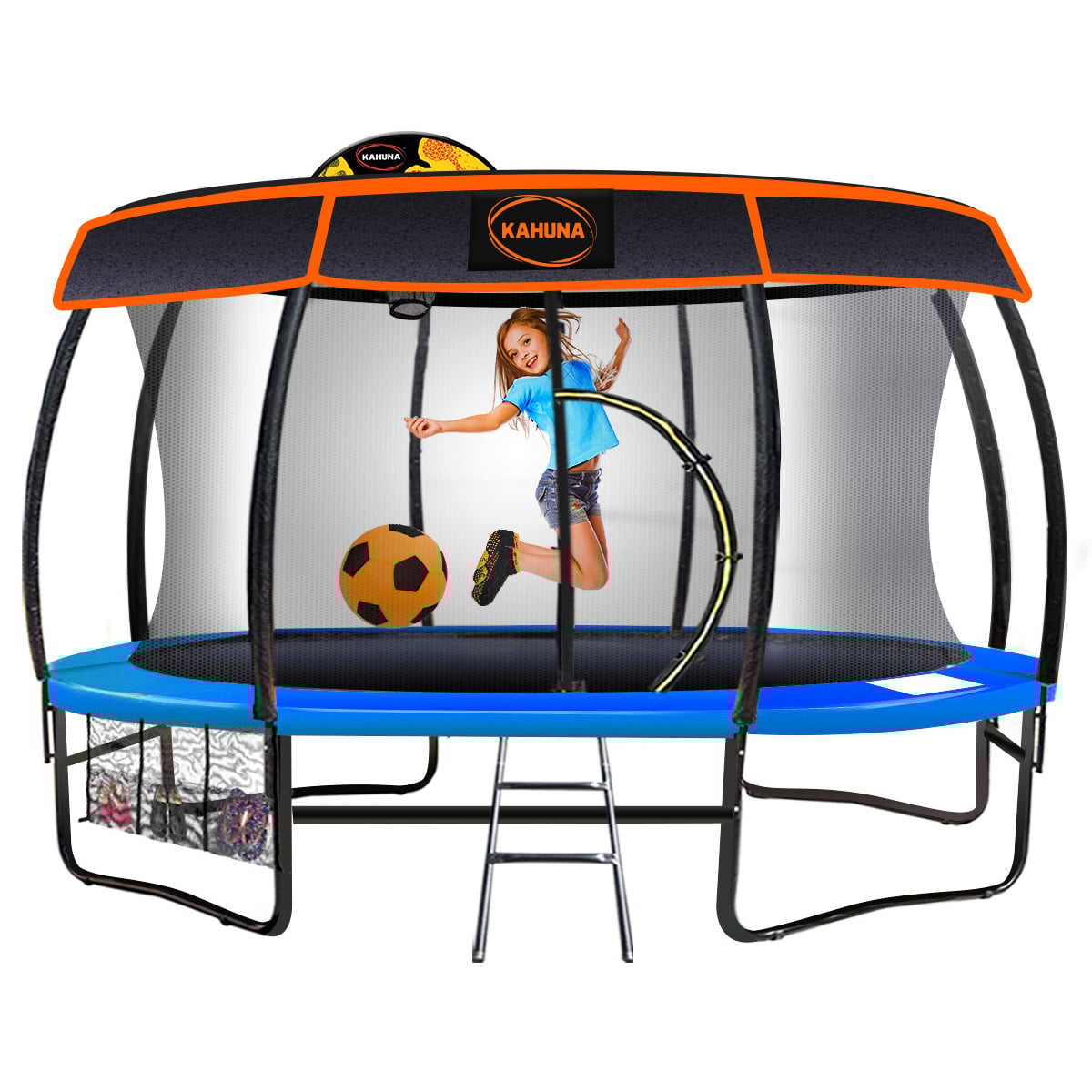 Kahuna Trampoline 16 ft with Basketball Set and Roof - Blue