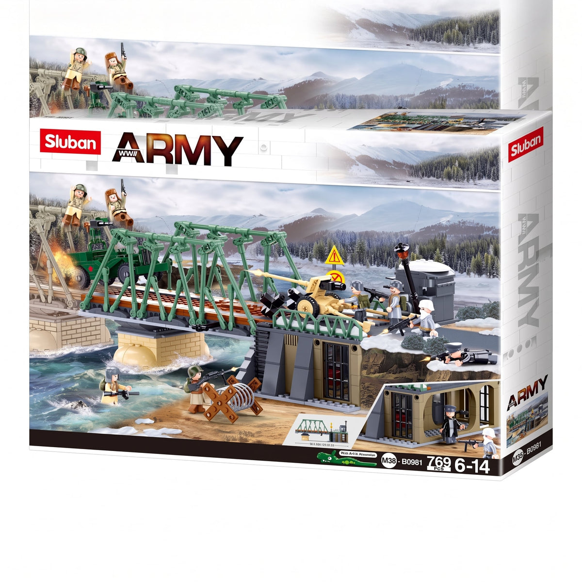 Sluban B0981 Model Kit WWII Battle of Budapest Winter Counter Attack Military Bridge Checkpoint Diorama Army DIY Set Toy