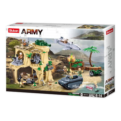 Sluban B1111 Model Kit WWII Battle of Iwo Jima Island Bunker Landing Craft Army Military Base Diorama Blocks DIY Set Toy