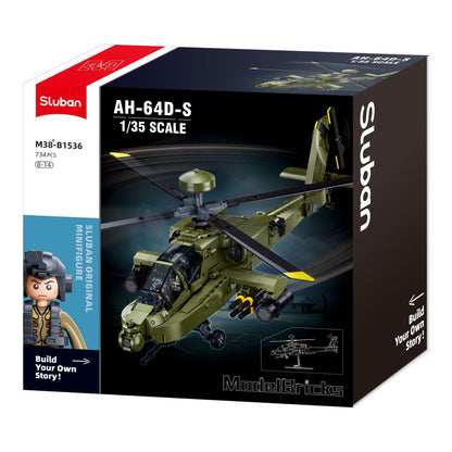 Sluban B1536 Model Kit 1:44 AH-64D Apache Attack Helicopter Chopper Gunship Army Military Air Force Blocks DIY Set Toy
