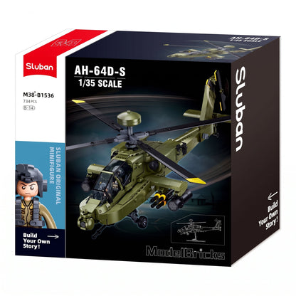 Sluban B1536 Model Kit 1:44 AH-64D Apache Attack Helicopter Chopper Gunship Army Military Air Force Blocks DIY Set Toy