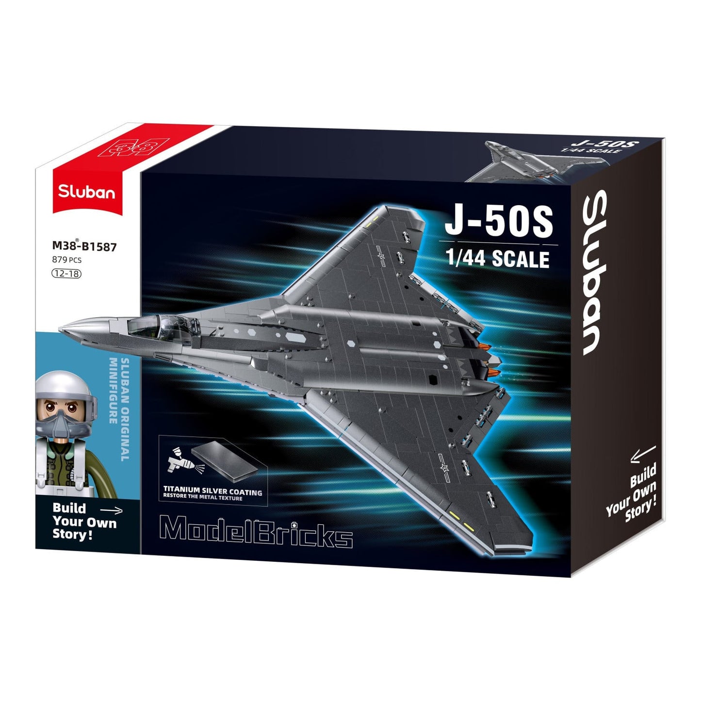 Sluban B1587 Model Kit 1:44 J50 Stealth Fighter Jet Plane - Military Air Force Building Blocks DIY Set Toy