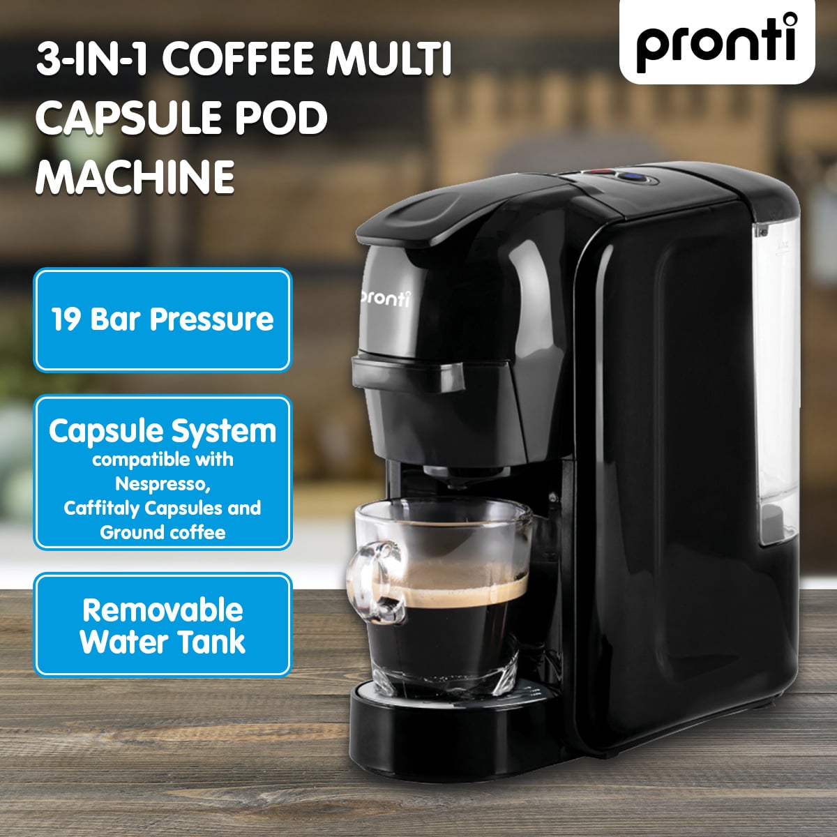Pronti HomeMaid 3-in-1 Coffee Machine Multi-Capsule Pods Ground Coffee Nespresso Caffitaly Compatible CM-511HM