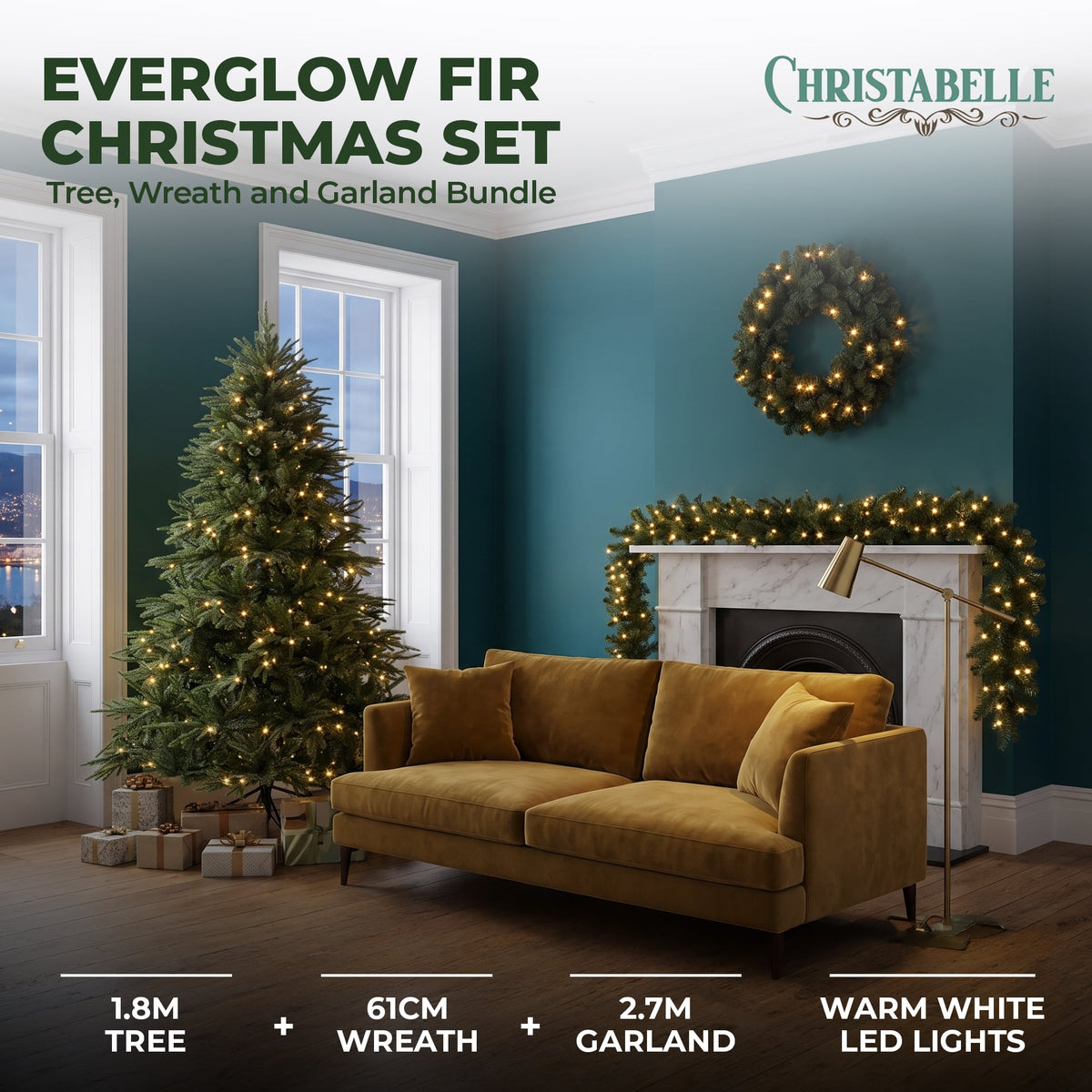 Christabelle 1.8m Prelit Tree 61cm Highland Pine Wreath Prelit 2.74m Highland Pine Christmas Garland