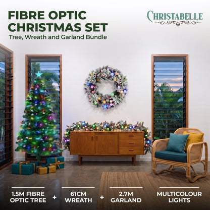 Christabelle 1.5m Pre-Lit Fibre Optic Tree Stunning 61cm Snowy Wreath 2.7m Snowy Garland with LED