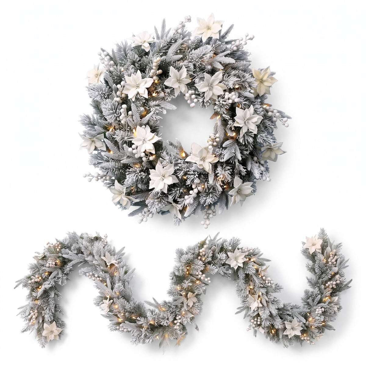 Christabelle Pre-Lit Frosted Colonial Christmas 2pc Set 61cm Wreath and Garland with LED Lights Holiday Decor
