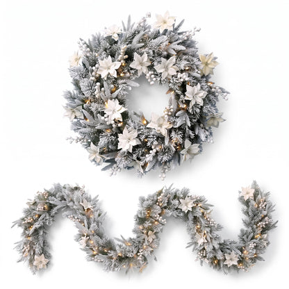 Christabelle Pre-Lit Frosted Colonial Christmas 2pc Set 61cm Wreath and Garland with LED Lights Holiday Decor