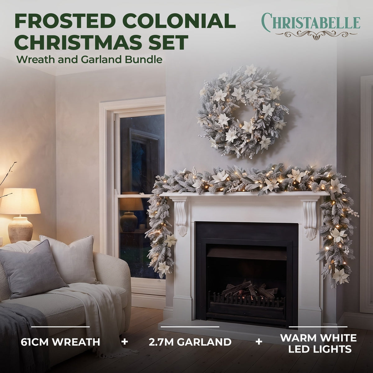 Christabelle Pre-Lit Frosted Colonial Christmas 2pc Set 61cm Wreath and Garland with LED Lights Holiday Decor