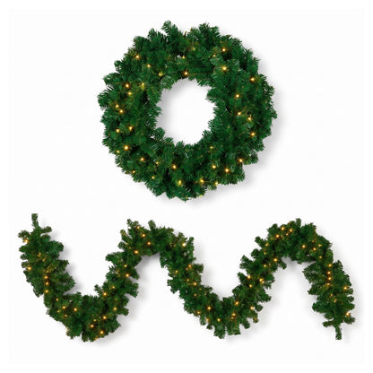 Christabelle Chadwick Green Christmas 2pc Set 61cm Christmas Wreath and Garland with LED Lights Holiday Decor