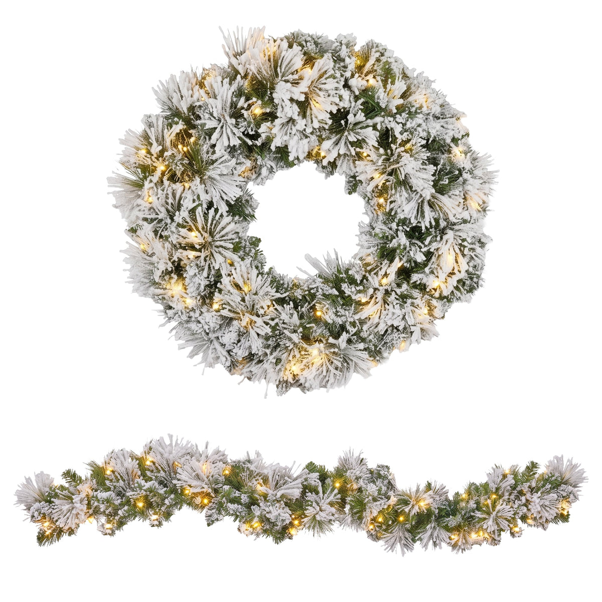 Christabelle Majestic Snow Christmas 2pc Set 61cm Christmas Wreath and Garland with LED Lights Holiday Decor