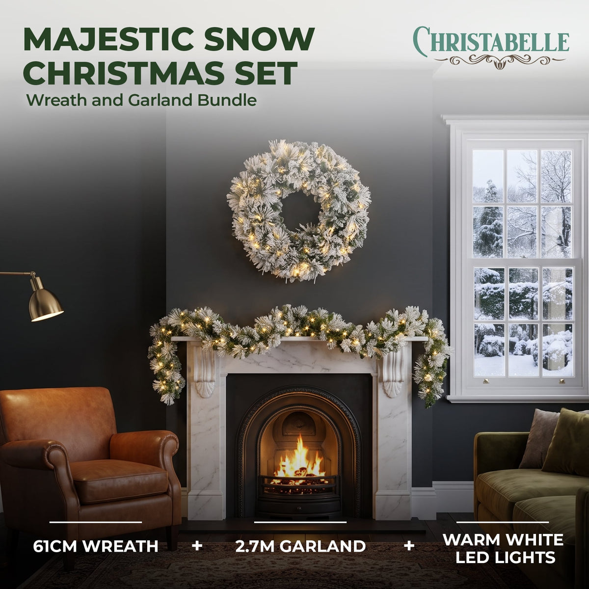 Christabelle Majestic Snow Christmas 2pc Set 61cm Christmas Wreath and Garland with LED Lights Holiday Decor