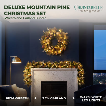 Christabelle Deluxe Mountain Pine Christmas 2pc Set 61cm Wreath and 2.74m Garland with LED Lights Holiday Decor