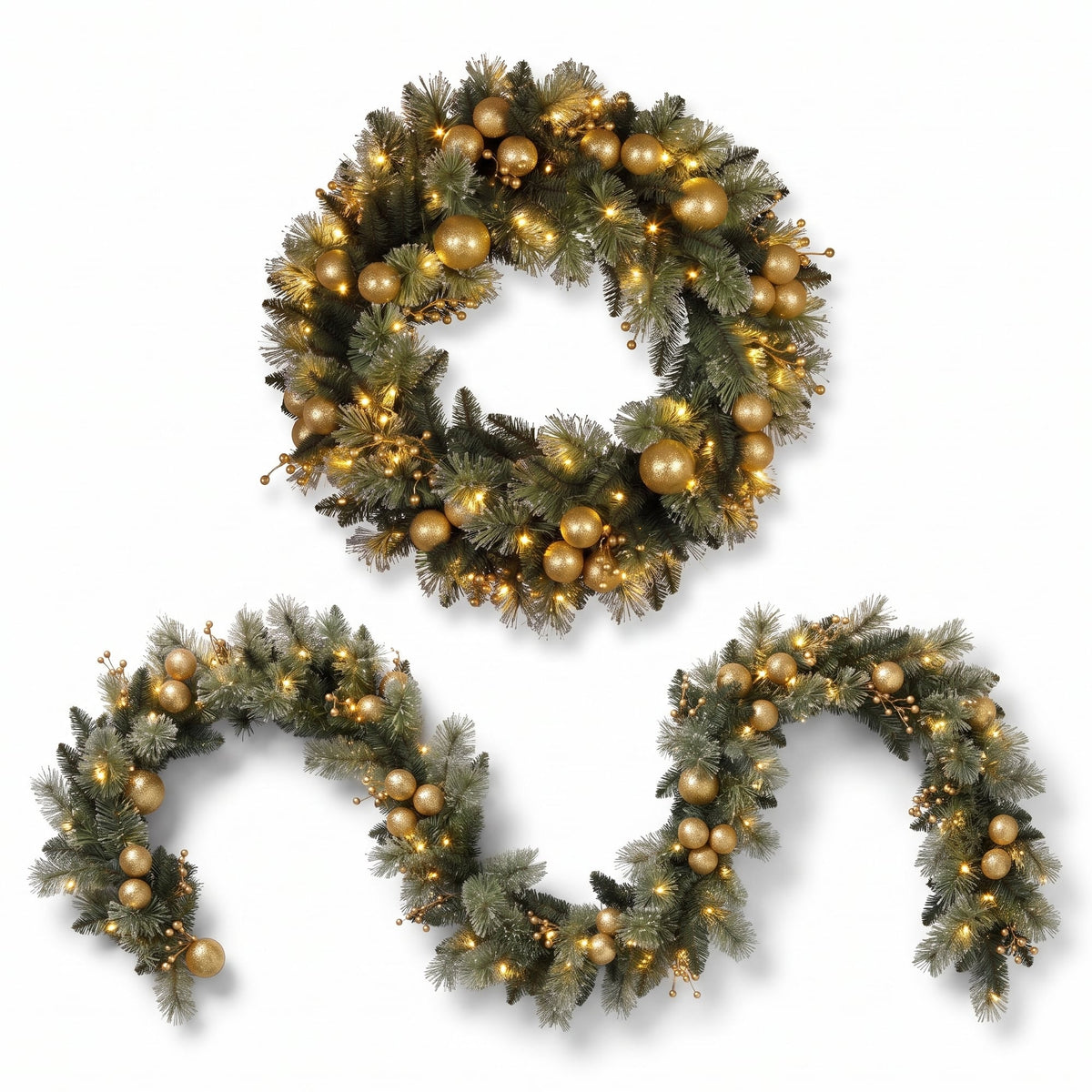 Christabelle Gold Collection Christmas 2pc Set 61cm Wreath and 2.74m Garland with LED Lights Holiday Decor