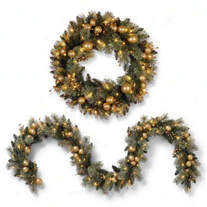 Christabelle Gold Collection Christmas 2pc Set 61cm Wreath and 2.74m Garland with LED Lights Holiday Decor
