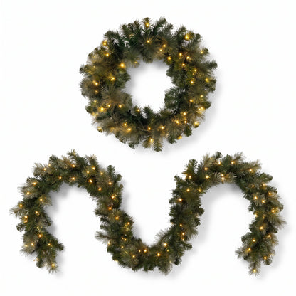 Christabelle Gold Pine Collection Christmas 2pc Set 61cm Wreath and 2.74m Garland with LED Lights Holiday Decor