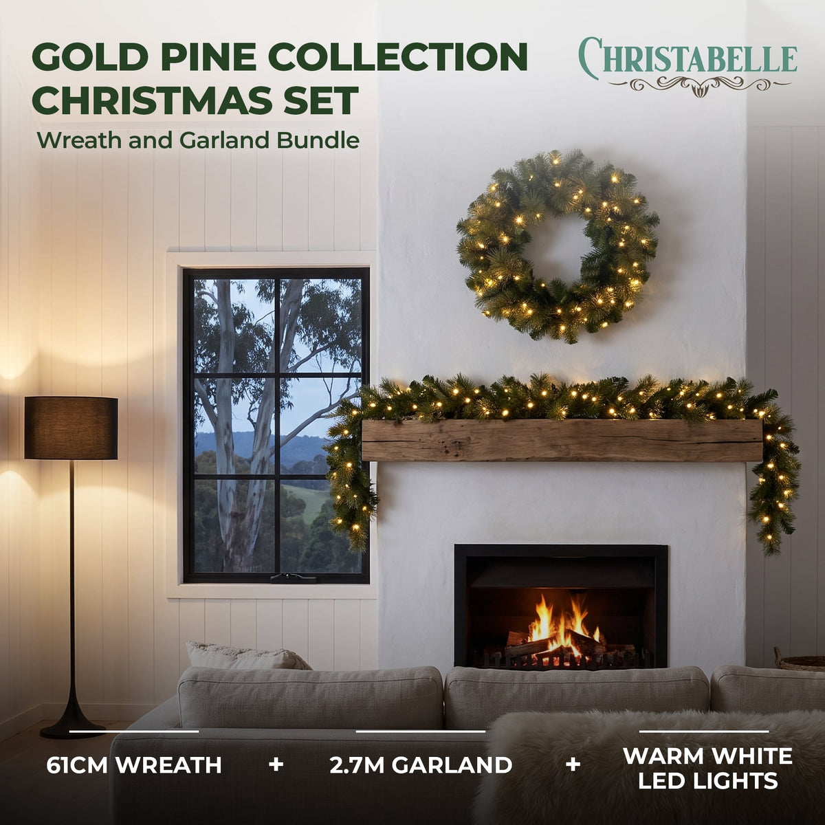 Christabelle Gold Pine Collection Christmas 2pc Set 61cm Wreath and 2.74m Garland with LED Lights Holiday Decor