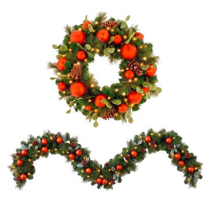Christabelle Snowy Elegance Christmas 2pc Set 61cm Christmas Wreath and Garland with LED Lights Holiday Decor