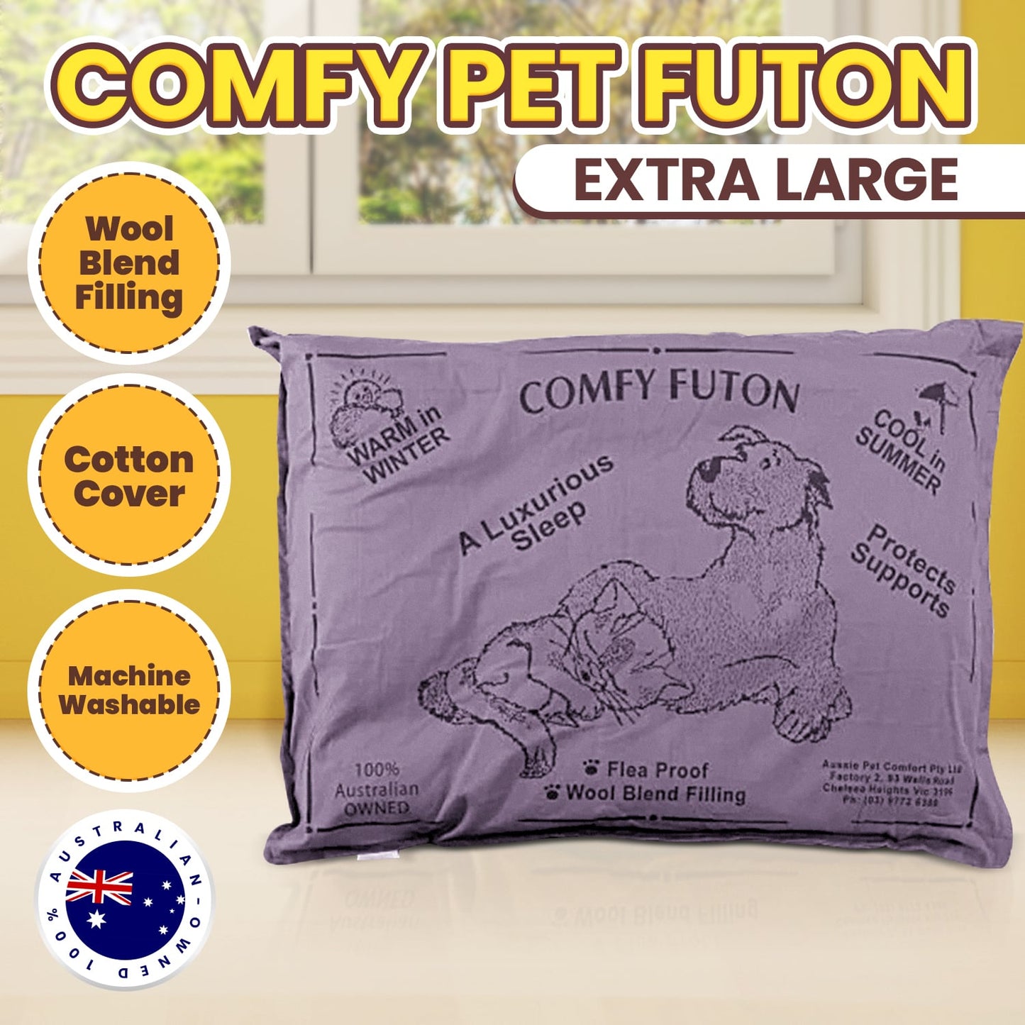 Aussie Made Extra Large Comfy Pet Futon Dog 122cm Wool Blend - Dusk