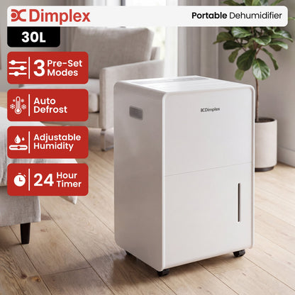 Dimplex 30L Portable Dehumidifier w/ Preset Modes Fan Speeds 4L Water Tank Timer