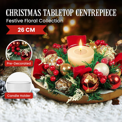 Christabelle Christmas Festive Floral Centrepiece with Glass Candle Holder - 26cm