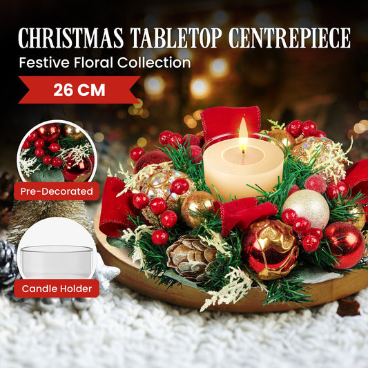 Christabelle Christmas Festive Floral Centrepiece with Glass Candle Holder - 26cm