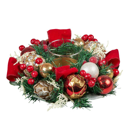 Christabelle Christmas Festive Floral Centrepiece with Glass Candle Holder - 26cm