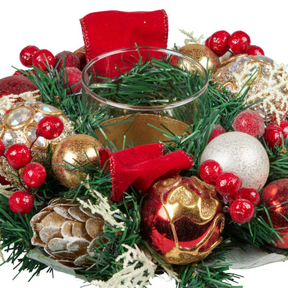 Christabelle Christmas Festive Floral Centrepiece with Glass Candle Holder - 26cm