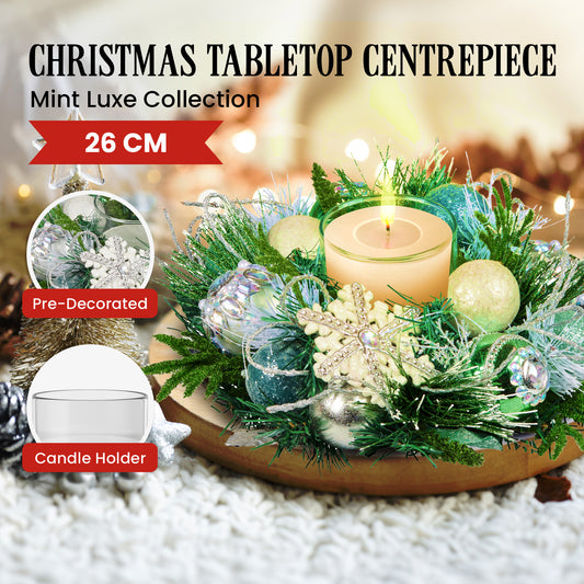 Christabelle Christmas Mint Luxe Centrepiece with Hurricane Glass - 26cm