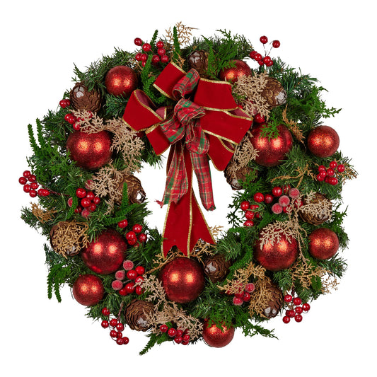 Christabelle Stunning 56cm Christmas Wreath Lush Red Baubles Berries Pine Cones and Bow Front Door Decoration