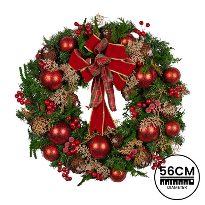 Christabelle Stunning 56cm Christmas Wreath Lush Red Baubles Berries Pine Cones and Bow Front Door Decoration
