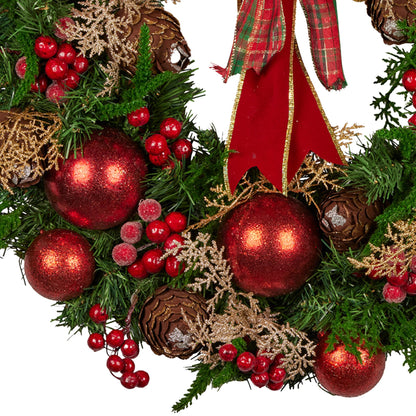 Christabelle Stunning 56cm Christmas Wreath Lush Red Baubles Berries Pine Cones and Bow Front Door Decoration