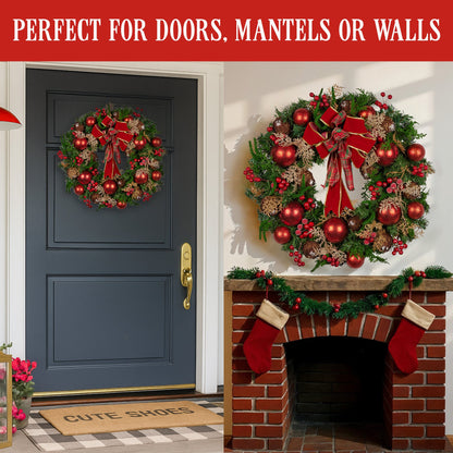 Christabelle Stunning 56cm Christmas Wreath Lush Red Baubles Berries Pine Cones and Bow Front Door Decoration