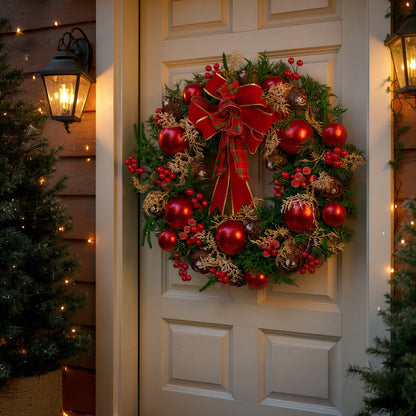 Christabelle Stunning 56cm Christmas Wreath Lush Red Baubles Berries Pine Cones and Bow Front Door Decoration