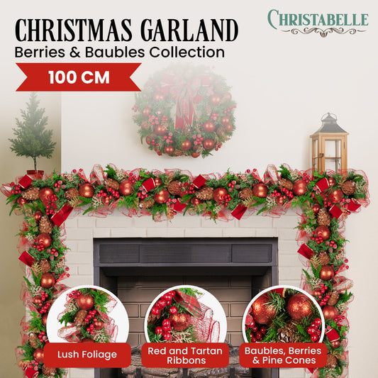Christabelle 1m Christmas Garland with Red Berries Pine Cones Baubles Berries Tree Decoration Ornament