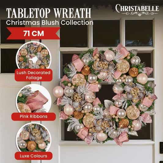 Christabelle 71cm Christmas Wreath Pink Front Door Decoration Jewelled Baubles Flowers Pine Cones Ribbons Ornaments