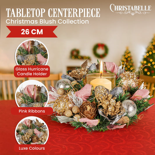 Christabelle 26cm Christmas Centrepiece Lush Green Holiday Jewelled Baubles Foliage Flowers Pine Cones Ribbon
