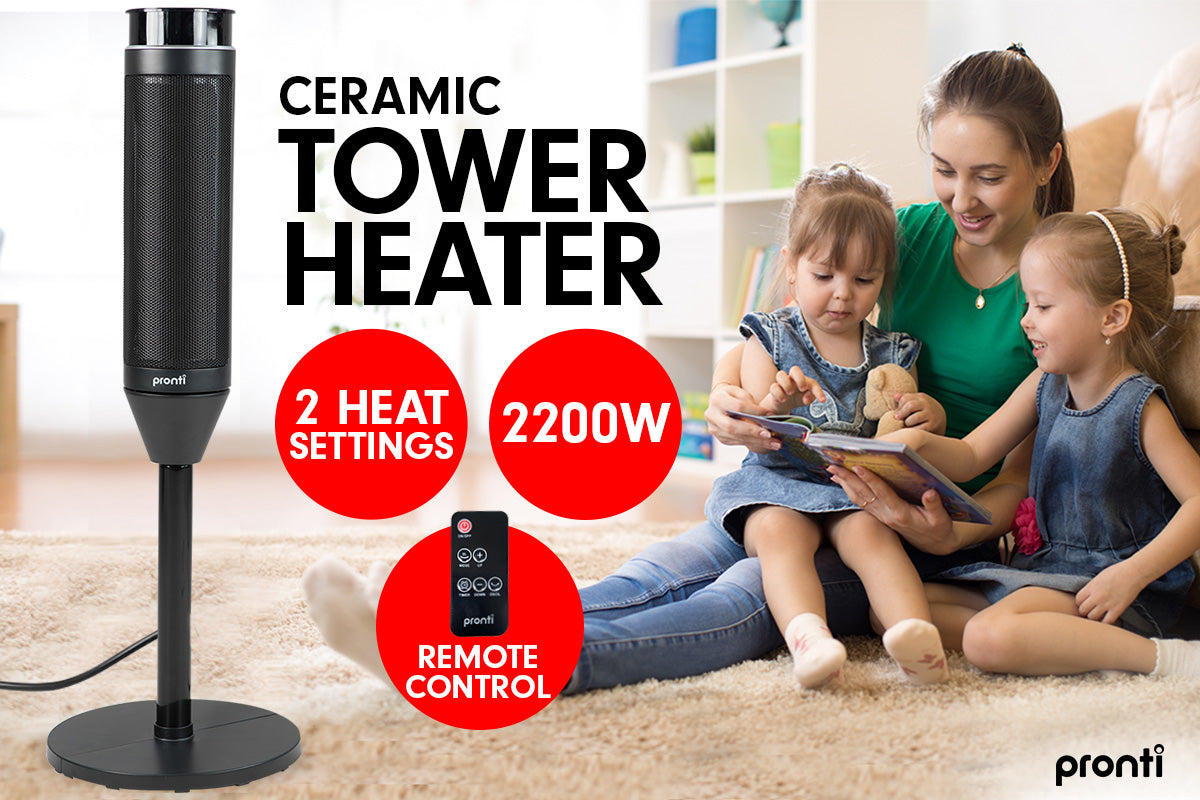Pronti Electric Tower Heater 2000W Ceramic Portable Remote - Black