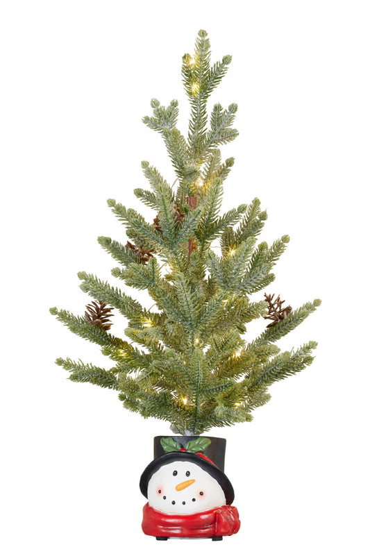 Christmas Tree With Lights In Snowman Pot - 55cm