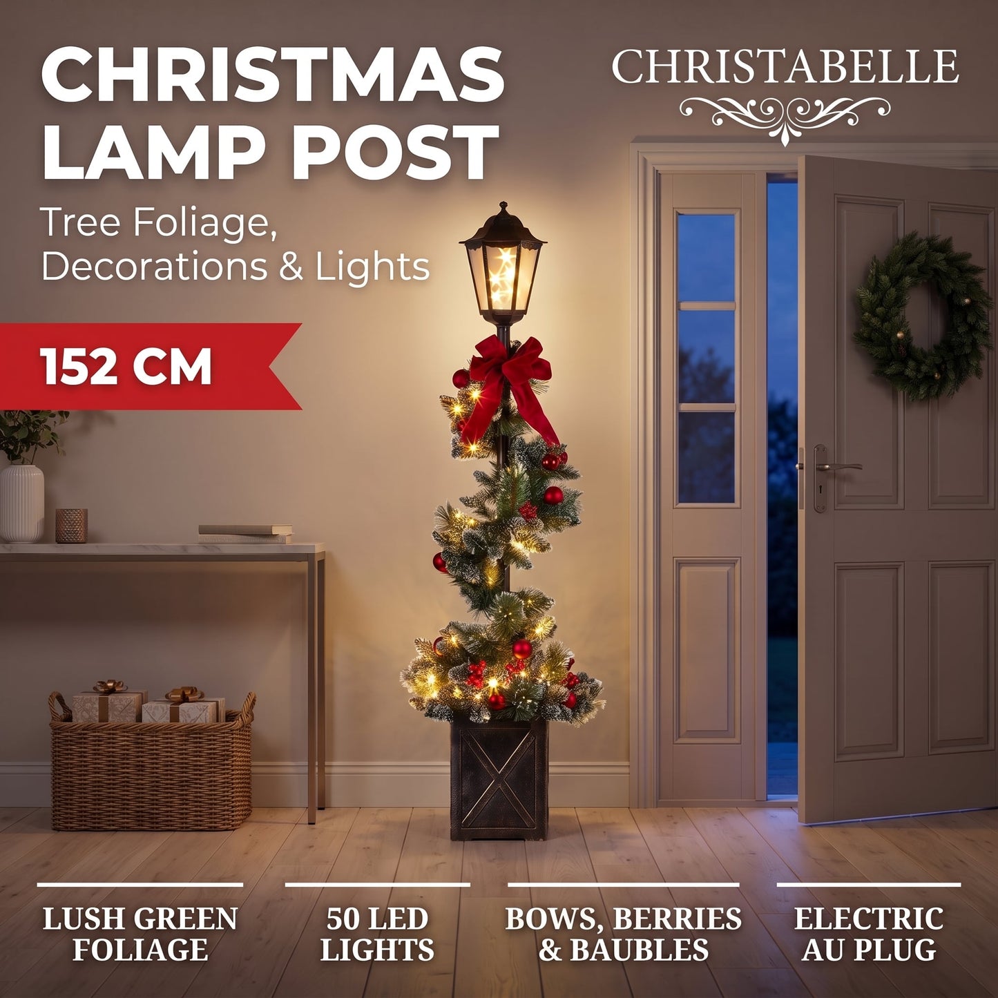 Christabelle 1.52m Lamp Post Christmas Light Up Display Bows Berries Baubles Green Foliage LED Pre Decorated
