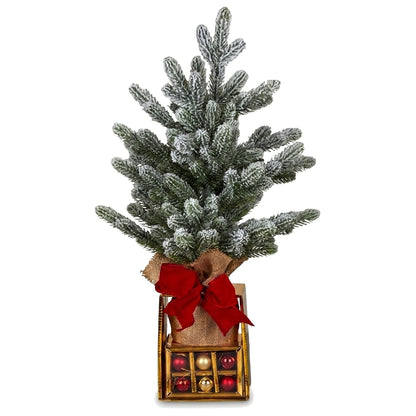 Christabelle 45cm 1.5ft Snowy Potted Christmas Tree Decorations Gift Pack Hessian Red Gold Baubles Tabletop Mini Compact