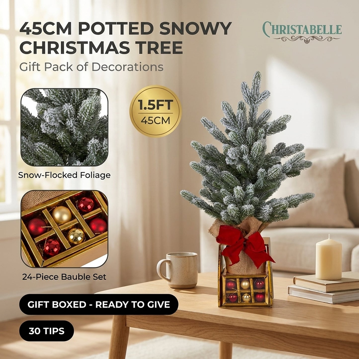 Christabelle 45cm 1.5ft Snowy Potted Christmas Tree Decorations Gift Pack Hessian Red Gold Baubles Tabletop Mini Compact