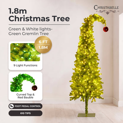 Christabelle 1.8m 6ft Gremlin Christmas Tree Pre Lit Green White LED Curved Top Red Bauble Artificial Indoor Xmas Decor