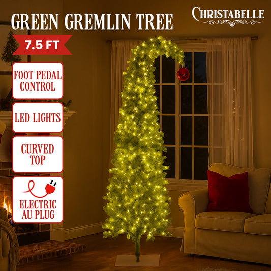Christabelle 7.5ft Christmas Gremlin Tree Curved Top Red Bauble Green White LED Lights