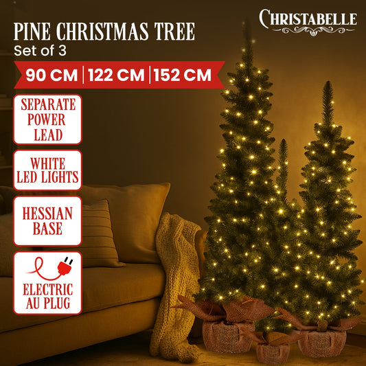 Christabelle Set of 3 Pre-Lit Christmas Trees Green Pine LED Lights Hessian Base Individual Plugs Varying Heights