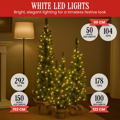 Christabelle Set of 3 Pre-Lit Christmas Trees Green Pine w/LED Lights, Hessian Base & Individual Plugs Varying Heights