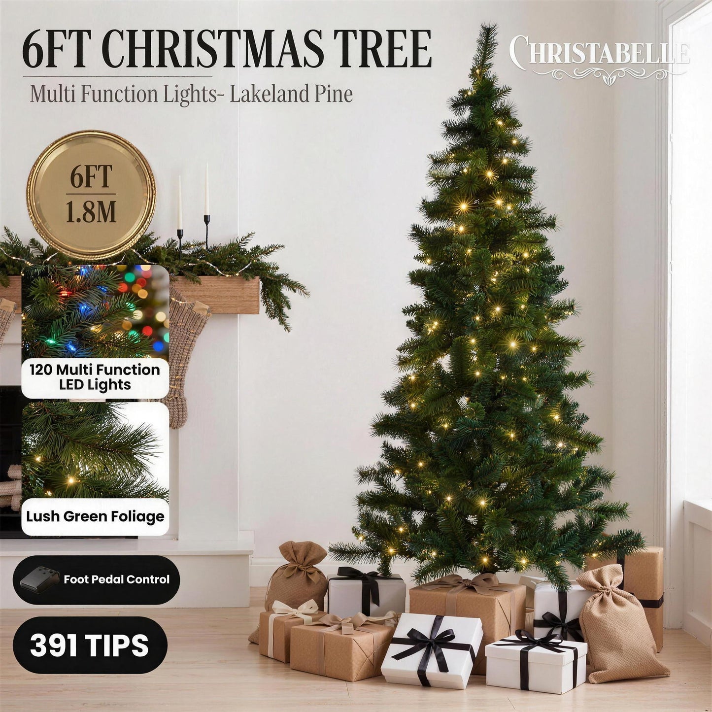 Christabelle 1.8m 6ft Lakeland Pine Christmas Tree Pre Lit Multi Function LED Artificial Indoor Xmas Decor Home
