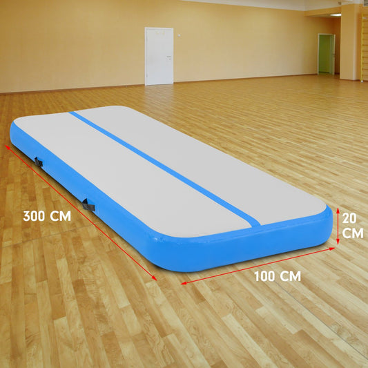 Powertrain Airtrack 20cm Thick 3m x 1m Inflatable Gymnastics Tumbling Mat Air Track - Blue