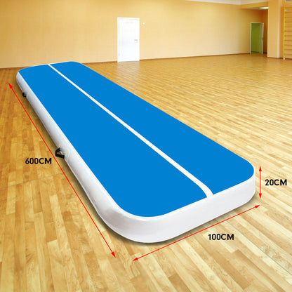 Powertrain Airtrack 20cm Thick 6m x 1m Inflatable Gymnastics Tumbling Mat Air Track - Blue